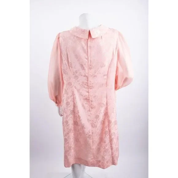 Vintage Sheath Dress Pink Roses Brocade L Puff sl - Picture 3 of 5